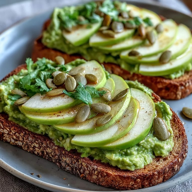 Creamy mashed avocado layered on whole grain toast with crisp green apple slices and toasted pumpkin seeds.  