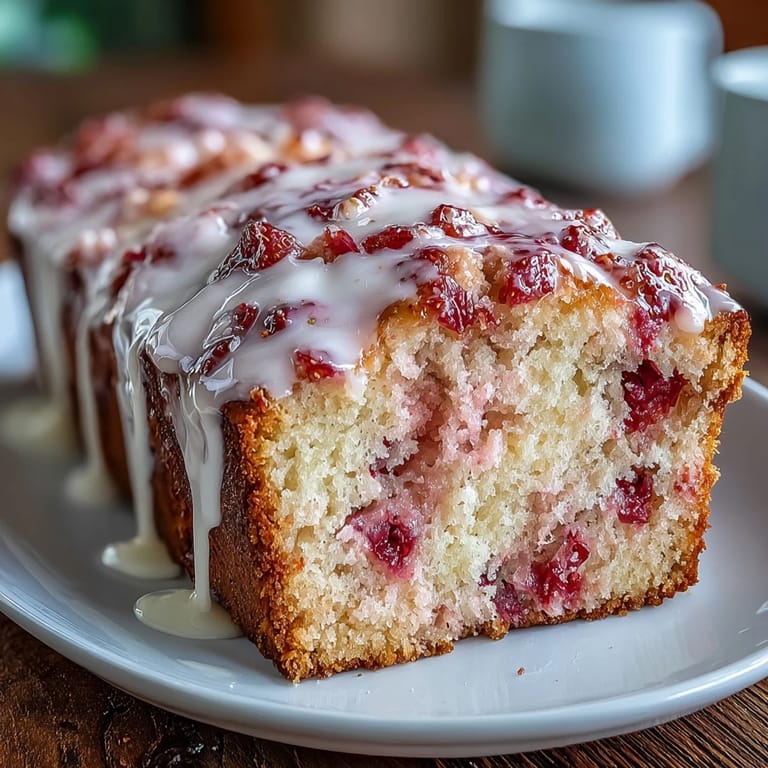 Classic American pound cake with vibrant strawberry swirl and smooth vanilla glaze, ideal for brunch or afternoon dessert.