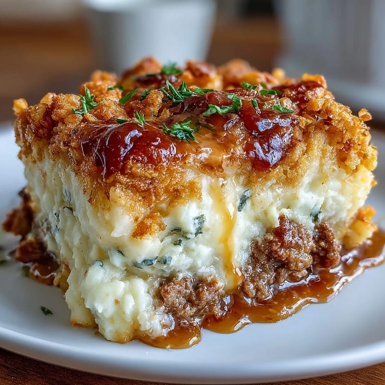 Rich and creamy funeral potatoes paired with classic shepherds pie flavors, all baked to golden perfection in a family-sized casserole.