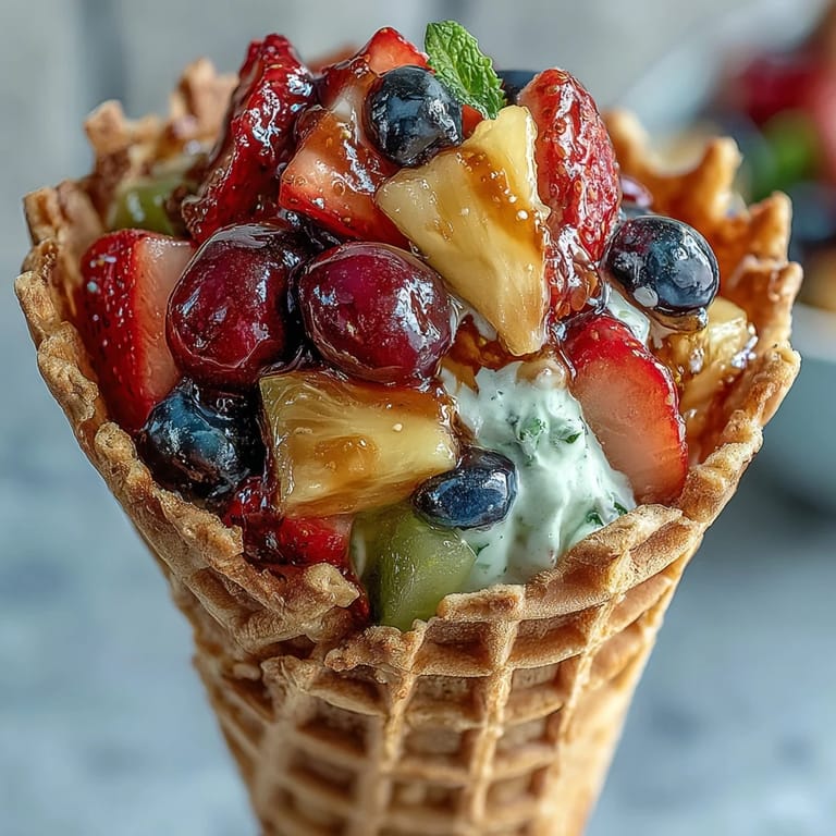 Colorful fruit-filled waffle cones served with tangy yogurt dip, an easy and refreshing summer party treat.  
