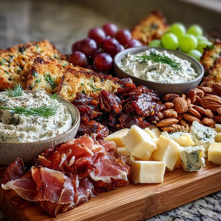 A festive charcuterie spread featuring prosciutto, brie, and roasted red pepper hummus, ideal for housewarming celebrations.