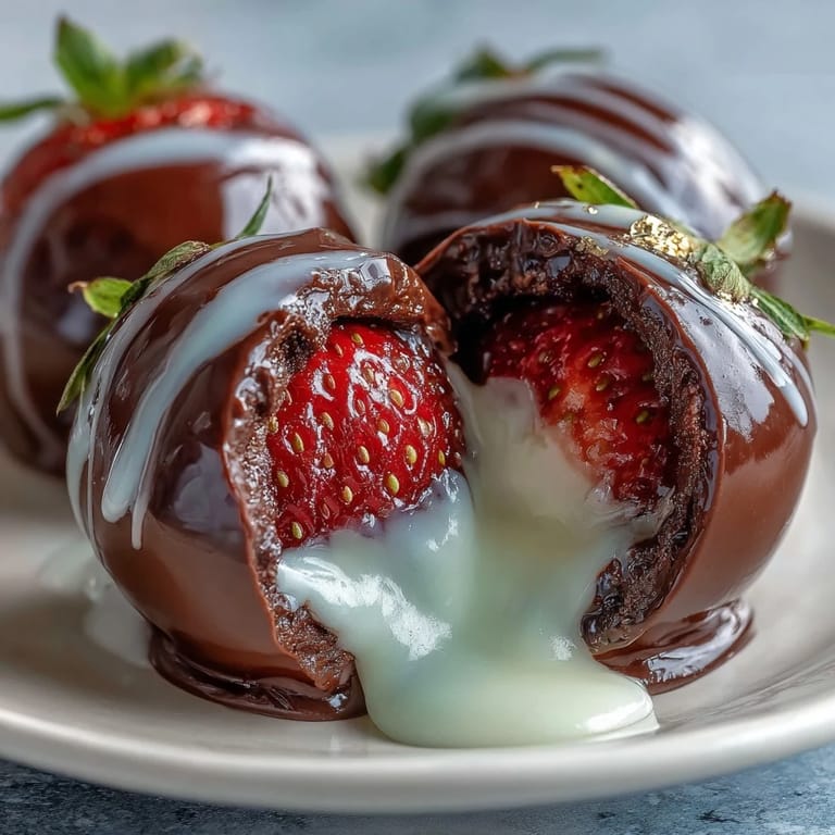 Elegant chocolate strawberry bombs with creamy mascarpone filling, encased in smooth dark chocolate and garnished with edible gold for a stunning presentation.