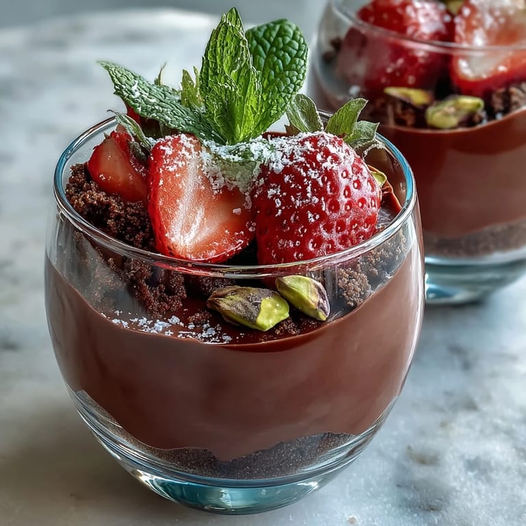 Elegant no-bake dessert cups featuring rich chocolate, buttery biscuit base, and macerated strawberries, garnished for a Dubai-inspired treat.
