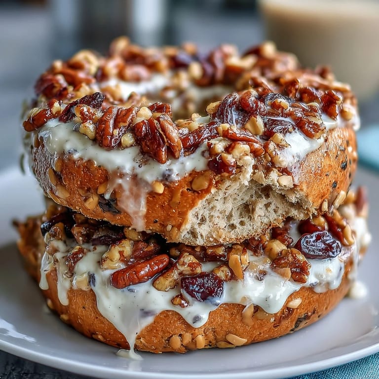 High-protein cinnamon raisin bagels drizzled with Greek yogurt glaze, perfect for a satisfying, nourishing start to your day.