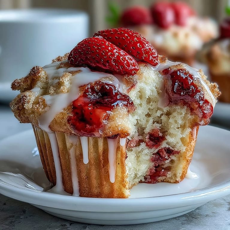 Golden strawberry muffins topped with a bright lemon glaze, perfect for brunch or an afternoon snack.