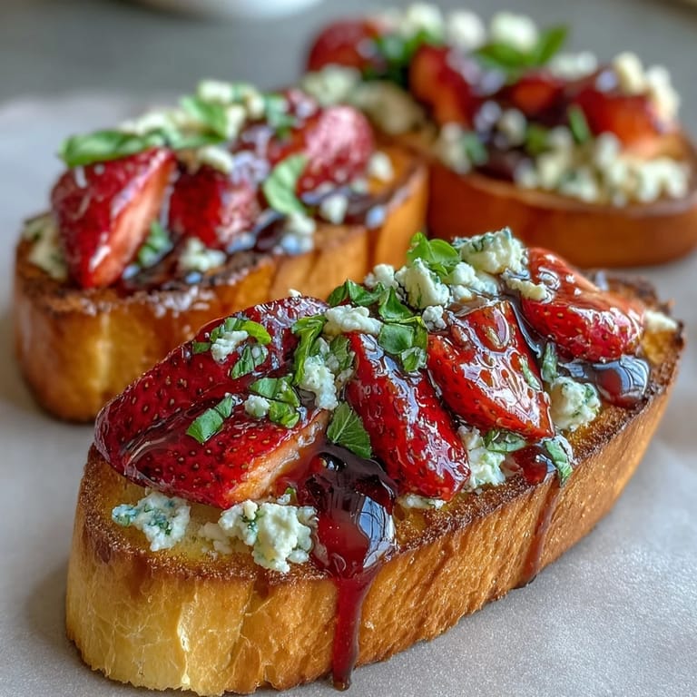 Sweet strawberries with fresh basil and honey on crisp baguette, finished with a balsamic reduction for a fresh spring bite.