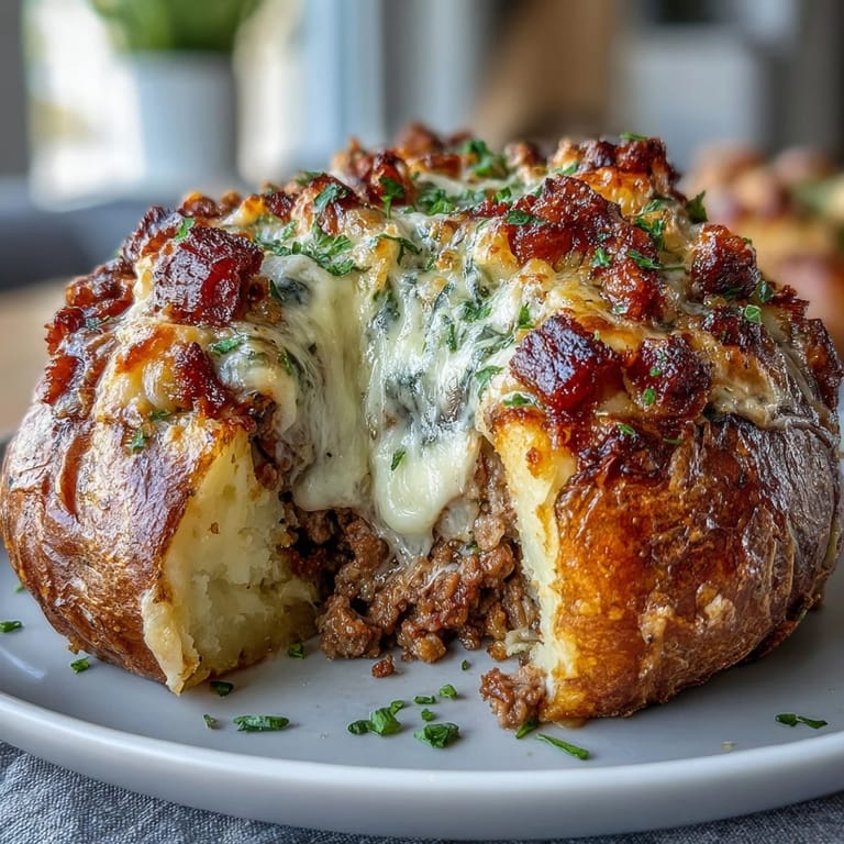 Fluffy baked potatoes overflowing with hearty ground beef and vegetables, crowned with buttery mashed potato topping.