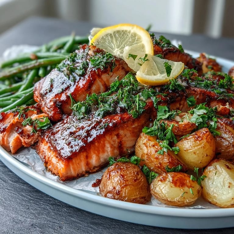 Sheet Pan Salmon with Green Beans and Potatoes, a quick and healthy dinner recipe featuring tender salmon fillets, golden roasted potatoes, and vibrant green beans, all seasoned with lemon and garlic.