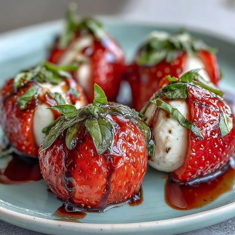 Colorful Strawberry Caprese Appetizer: Sweet strawberries, delicate mozzarella, and fresh basil drizzled with balsamic reduction, an elegant party bite.