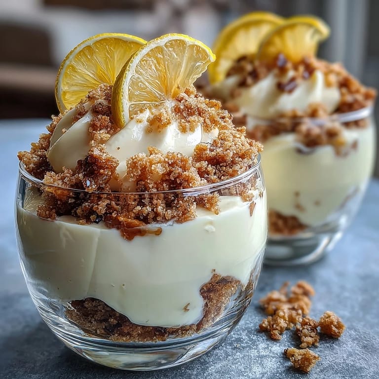 Elegant lemon mousse cups topped with buttery shortbread crumble and fresh mint — perfect chilled dessert for entertaining.