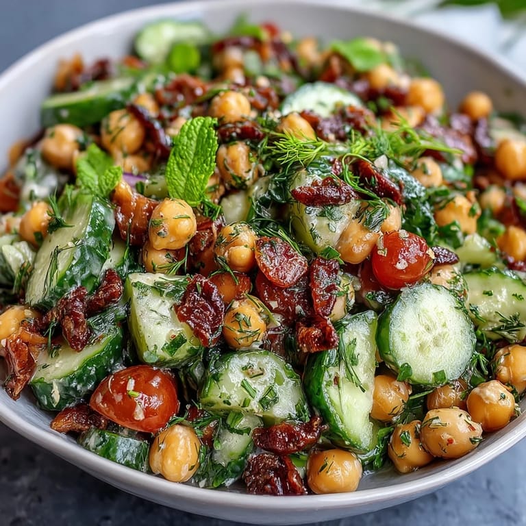 Healthy Easy Cucumber Chickpea Salad with Lemon Vinaigrette served on a wooden table with whole chickpeas and sliced cucumbers visible, perfect for a light lunch.