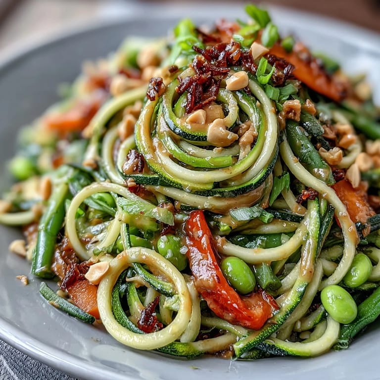 Creamy peanut sauce coats vibrant zucchini noodles and crisp vegetables in this quick, healthy stir-fry recipe.