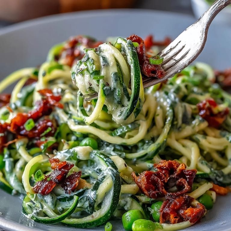 Fresh zucchini noodles tossed with crunchy vegetables and rich peanut sauce, topped with roasted peanuts for texture.