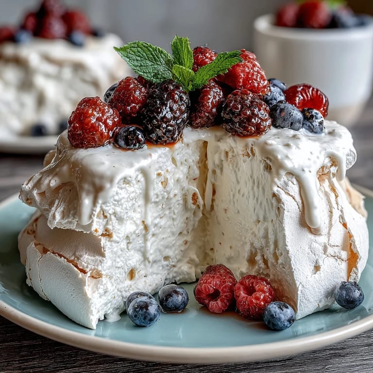 Elegant Mothers Day Pavlova with Mixed Berries: light, airy meringue nest filled with fluffy cream and fresh seasonal berries.