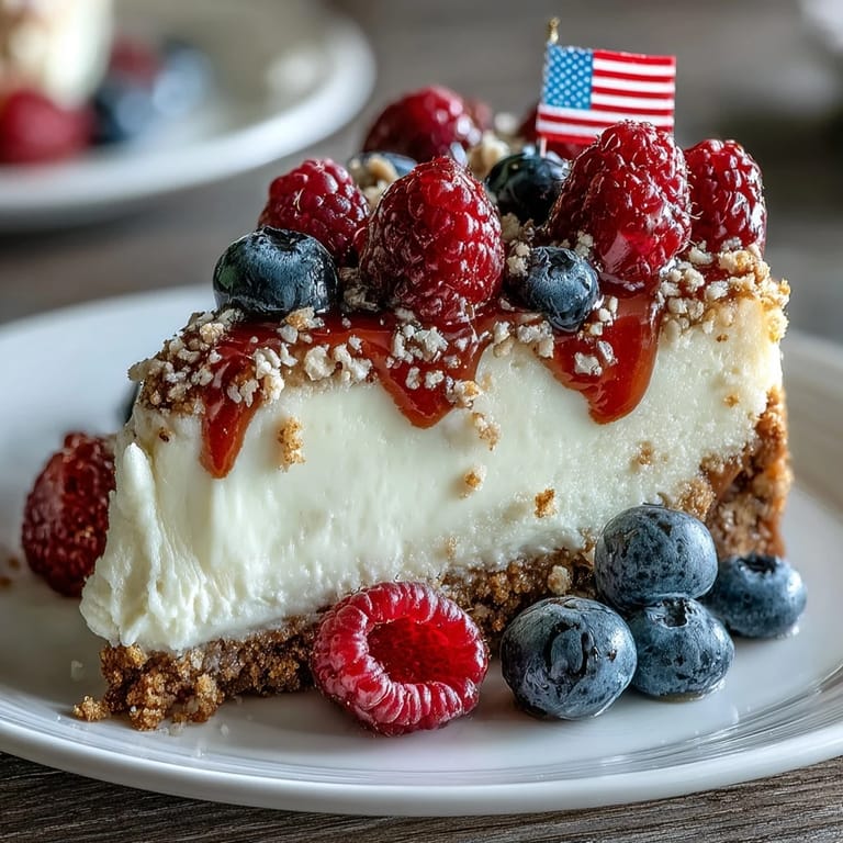 Creamy no-bake cheesecake flag cake featuring vibrant strawberries, blueberries, and raspberries arranged in an American flag design for Independence Day parties.
