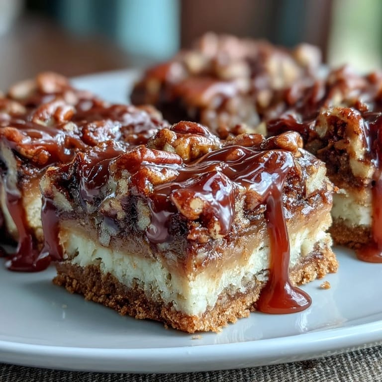 Southern bourbon pecan pie bars in a baking dish, buttery shortbread crust topped with toasted pecans and rich filling, drizzled with sweet bourbon glaze.