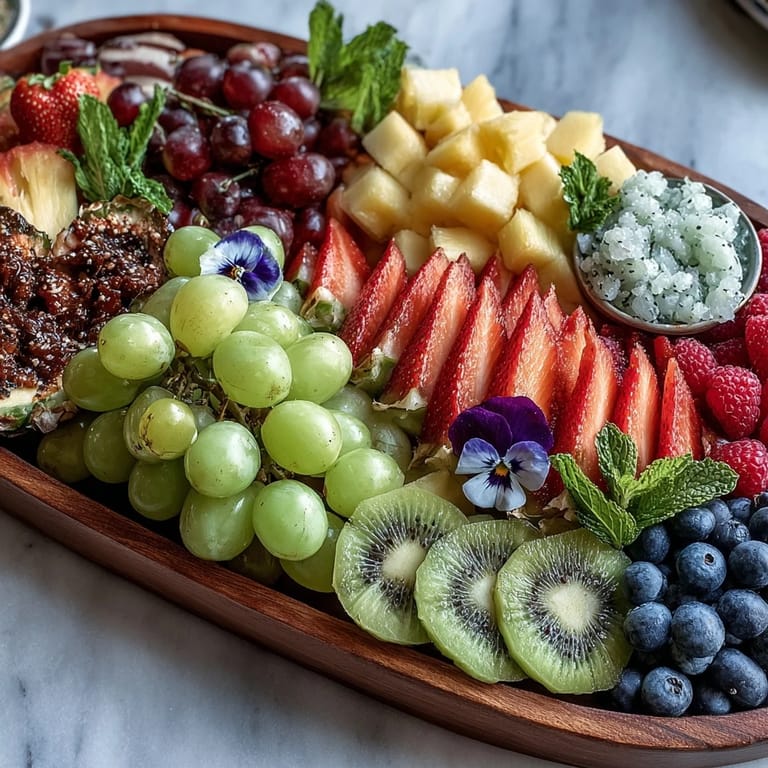 Festive fruit arrangement with edible flowers, showcasing a variety of seasonal fruits arranged beautifully for a graduation celebration.