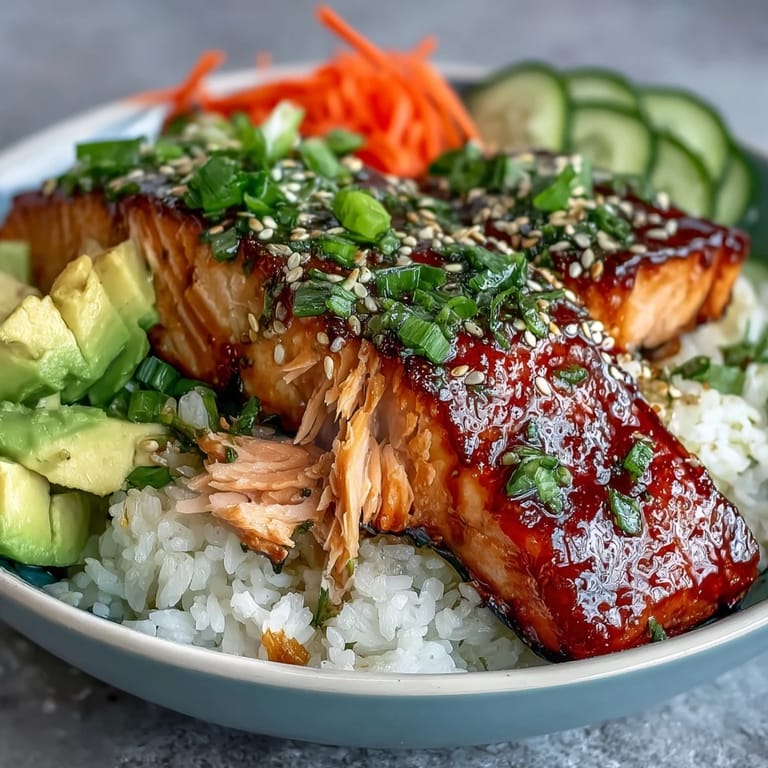 Sweet and savory teriyaki-glazed salmon served over jasmine rice with crisp cucumber, carrot, and avocado slices.  