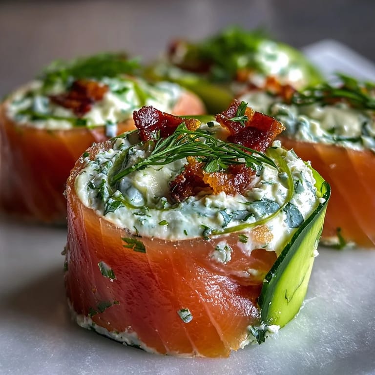Creamy dill-infused cheese spread over tortillas, topped with smoked salmon and crisp cucumber, then rolled into elegant bite-sized pinwheels.