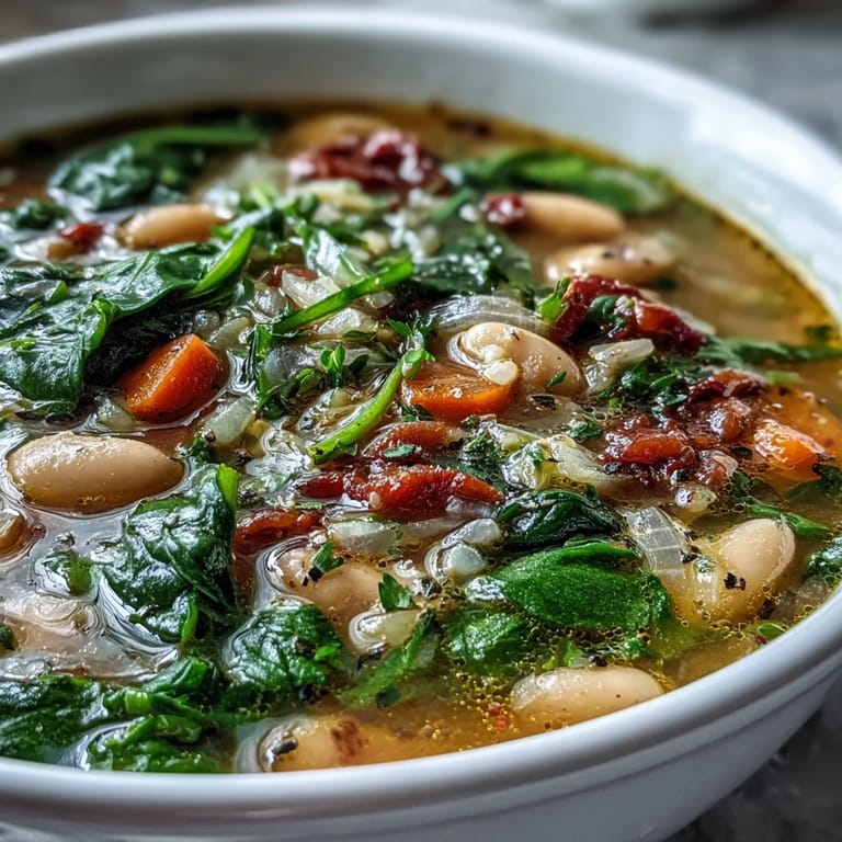 Slow-cooked Tuscan White Bean and Spinach Soup, fragrant with Italian herbs and tender vegetables, served with a sprinkle of Parmesan.