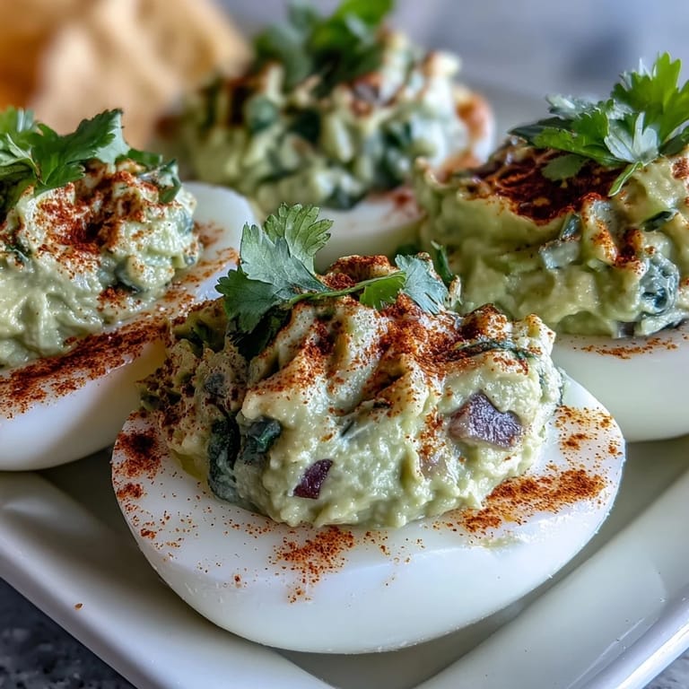 Classic deviled eggs reimagined with smooth guacamole filling, topped with smoked paprika and diced tomatoes.  