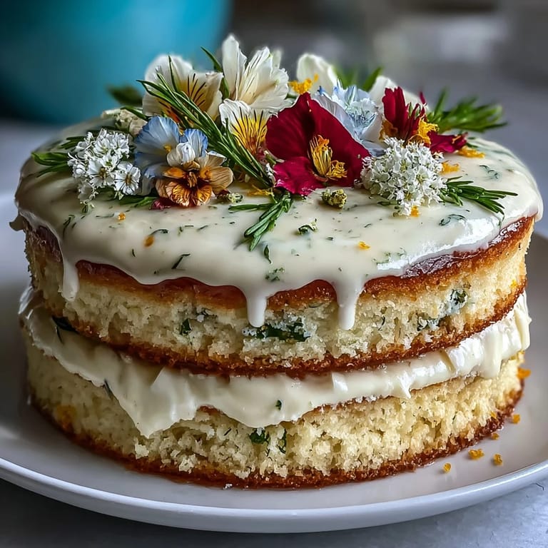 Spring Cake with Pressed Edible Flowers and Lemon Curd, a beautifully layered dessert with creamy frosting and fresh floral garnish.