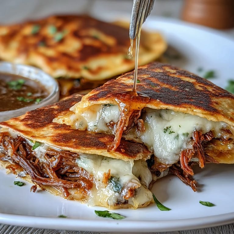 Festive Cinco de Mayo birria quesadillas, melty cheese with spicy beef and broth.