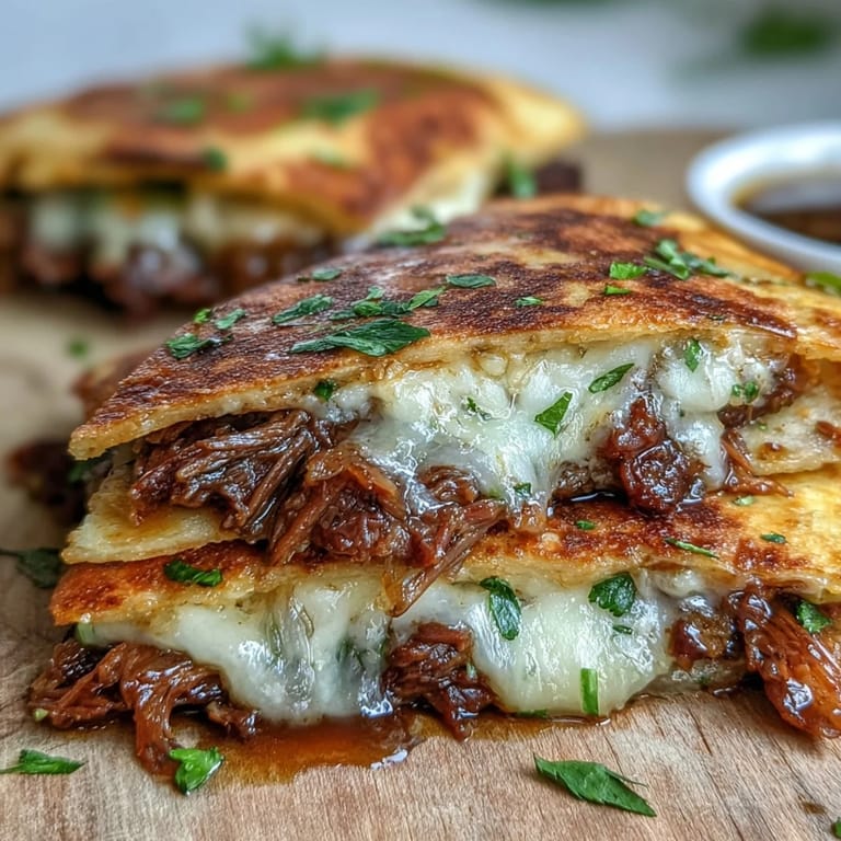 Cheesy, shredded beef birria quesadillas with a side of rich, dipping consommé sauce.