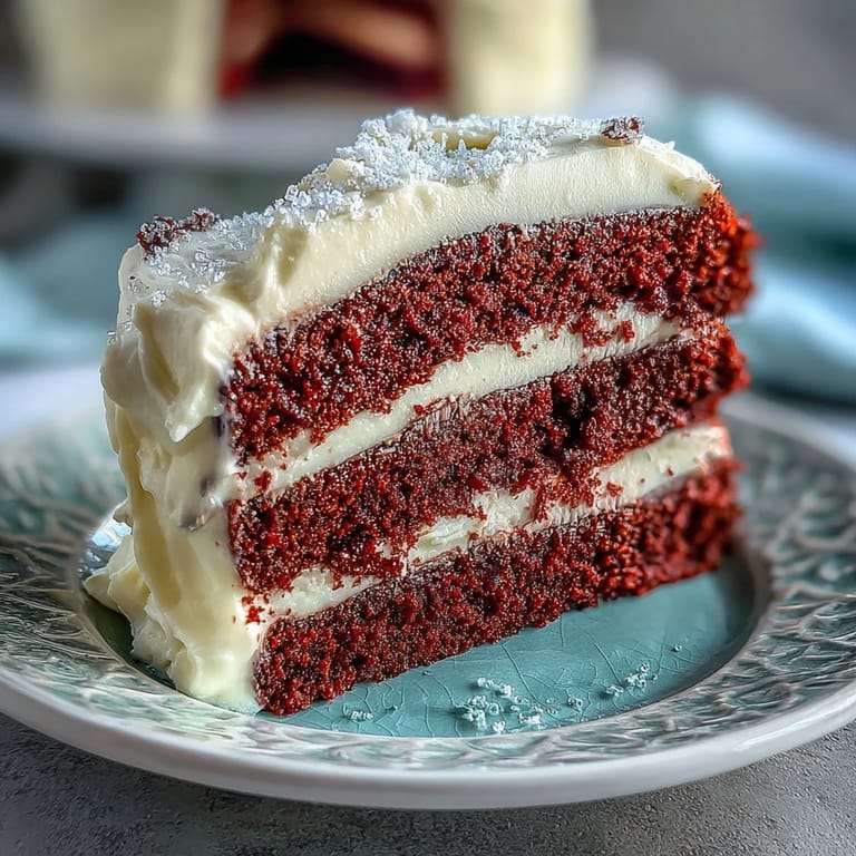 Moist slice of Juneteenth Red Velvet Cake with fluffy cream cheese frosting, ready to serve.