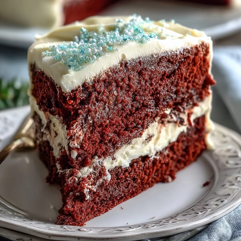 A visually stunning Juneteenth Red Velvet Cake highlighting its vibrant red layers and frosting.