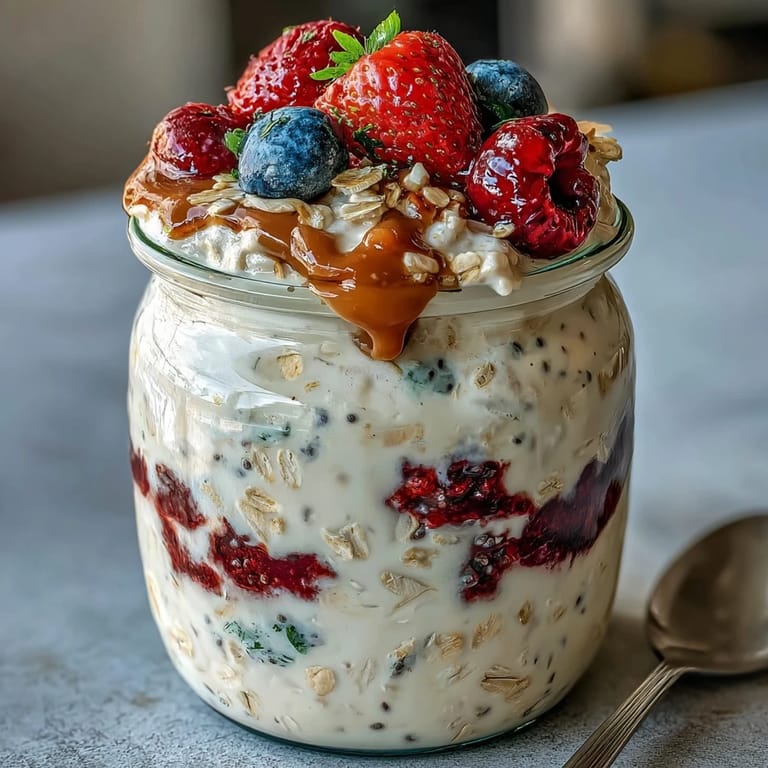 Delicious high fiber overnight oats, topped with mixed berries and ready to enjoy.