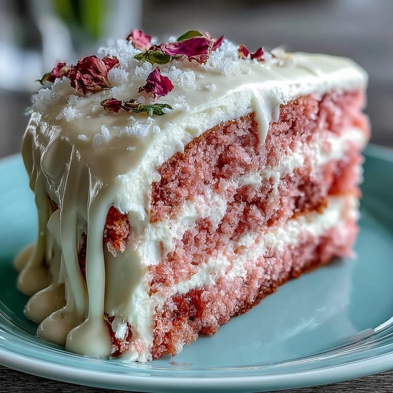 A decadent slice of Bridal Shower Rosé Velvet Cake, showcasing its soft pink layers.