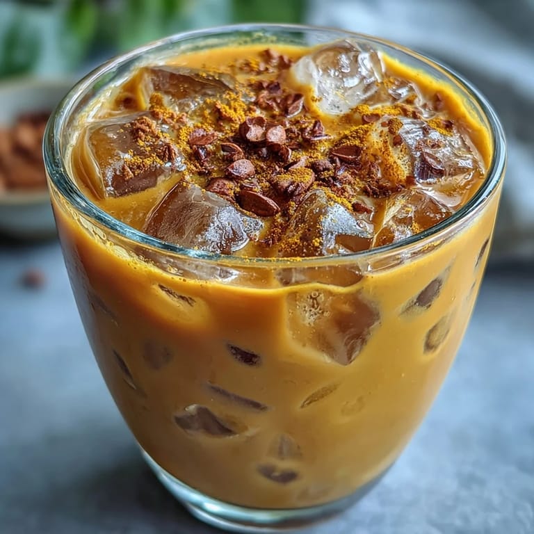 Creamy Turmeric Golden Milk Iced Latte ready to be enjoyed on a warm day.