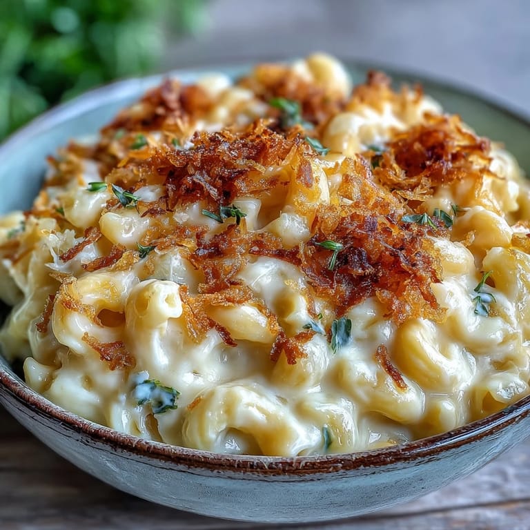 A comforting bowl of Tini's Viral Mac and Cheese, ready to be devoured after broiling.