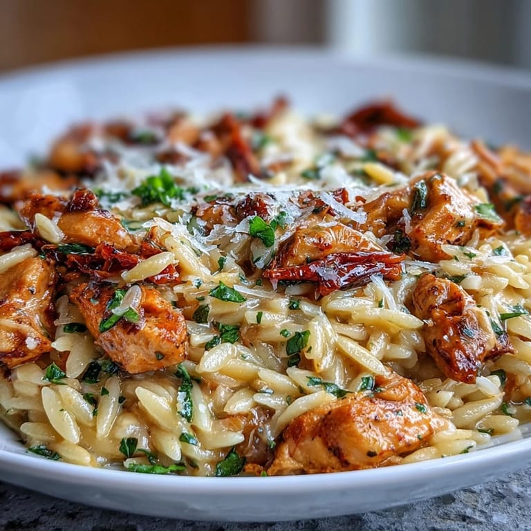 Enjoy a hearty bowl of sun-dried tomato chicken orzo with spinach and Parmesan.