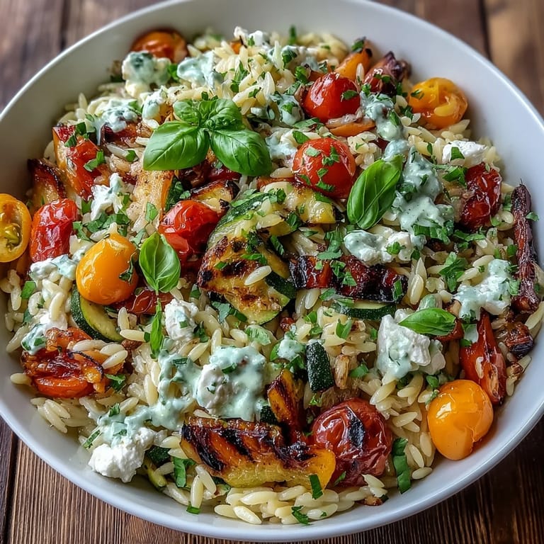 Golden orzo pasta brimming with vibrant, tender roasted vegetables and crumbled feta.