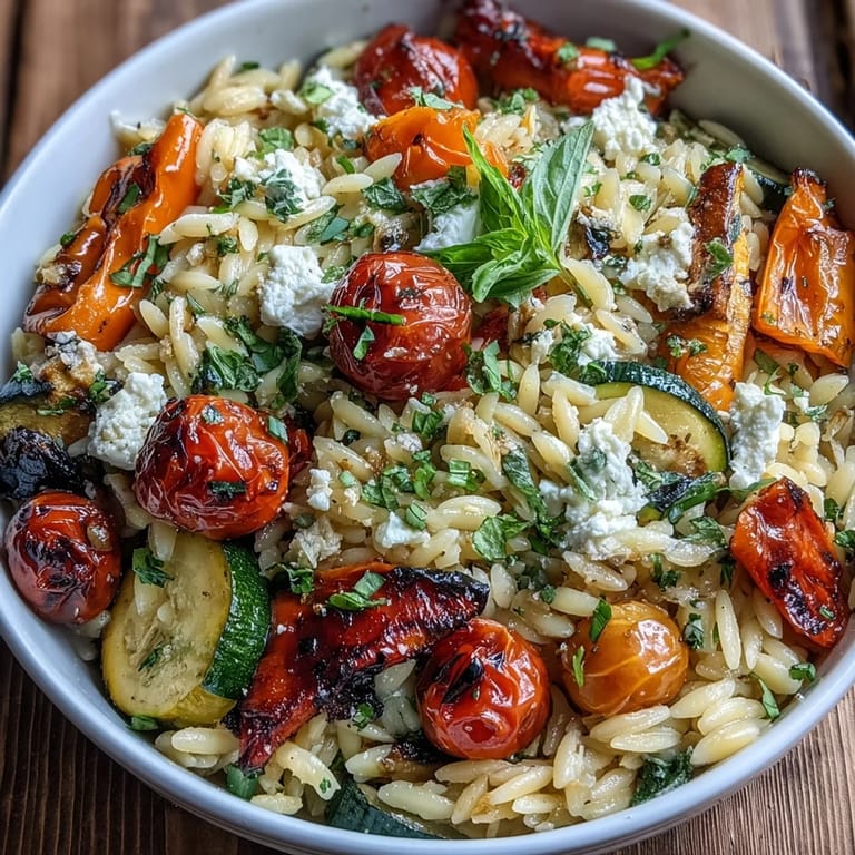Hearty Orzo with Roasted Vegetables and Feta, a delicious, easy vegetarian dish.