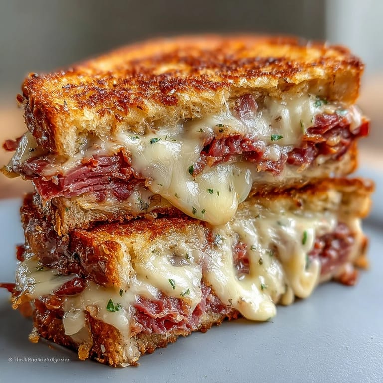 Juicy corned beef and melted Swiss make this Reuben grilled cheese a hearty American classic.