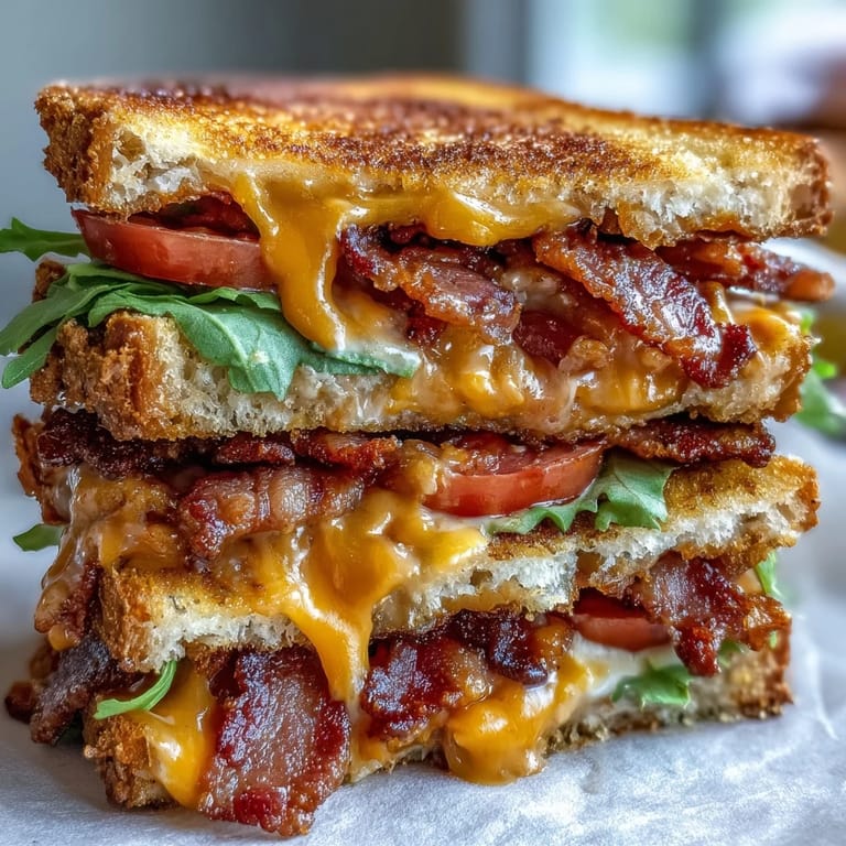 Delicious BLT Grilled Cheese, perfectly grilled with a decadent, cheesy center.