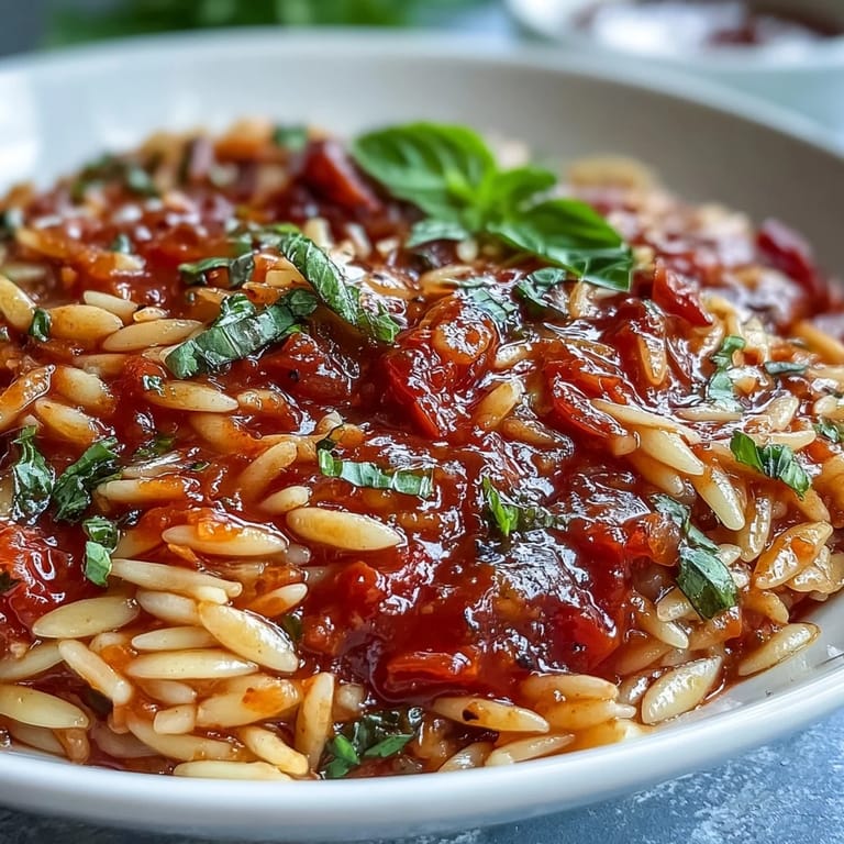 A delicious bowl of Spicy Arrabbiata Orzo topped with optional chili flakes.