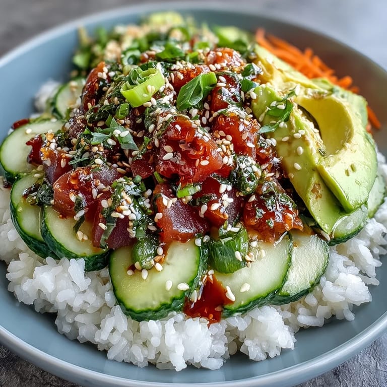 Easy canned tuna poke bowl meal featuring flaky tuna and assorted garden-fresh toppings.