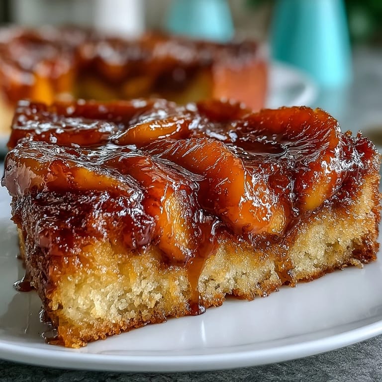 Deliciously sweet Brown Sugar Peach Upside-Down Cake, featuring vibrant, syrupy peaches.