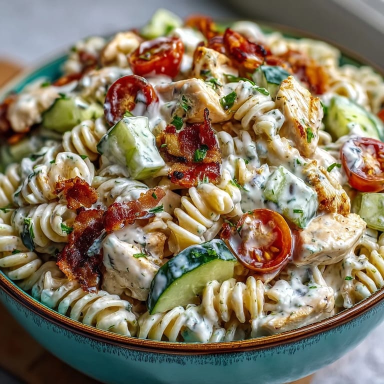 Hearty Creamy Chicken Bacon Ranch Pasta Salad with tender chicken and creamy dressing.