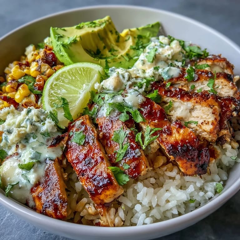 Tender spiced chicken tops colorful, flavorful Street Corn Chicken Rice Bowls, perfect for dinner.