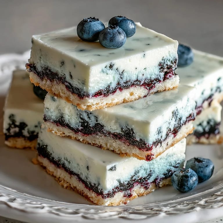 Bright no-bake lemon blueberry cheesecake bars glistening with fruit and zest.