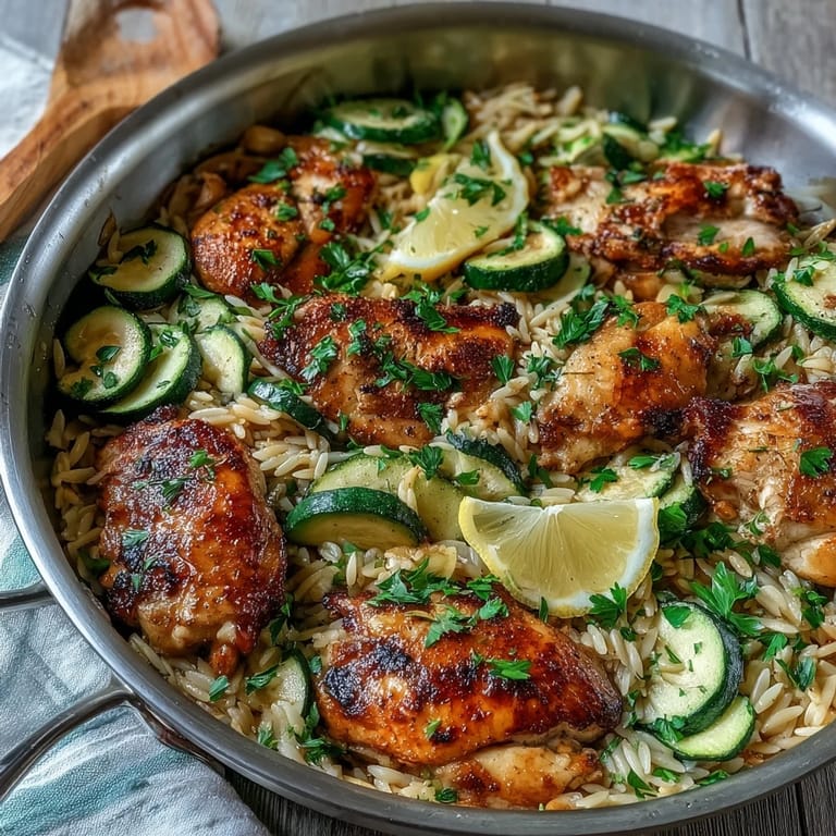 Easy one-pan lemon chicken orzo, tender chicken and vegetables in a bright sauce.