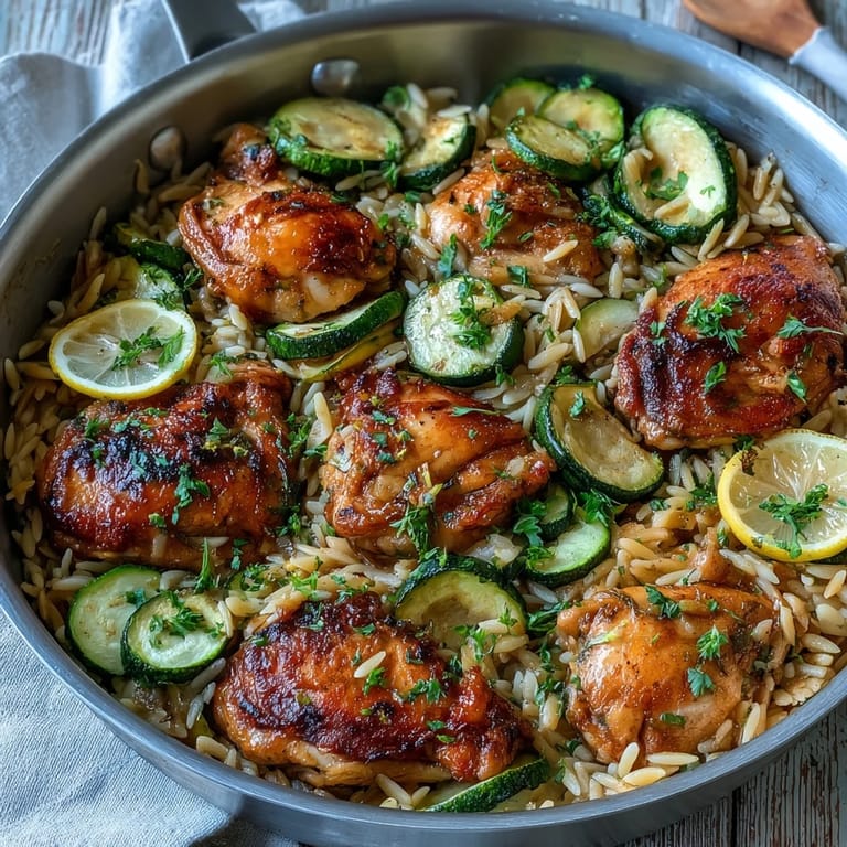 Mediterranean one-pan lemon chicken orzo, fresh parsley sprinkled over plated goodness.
