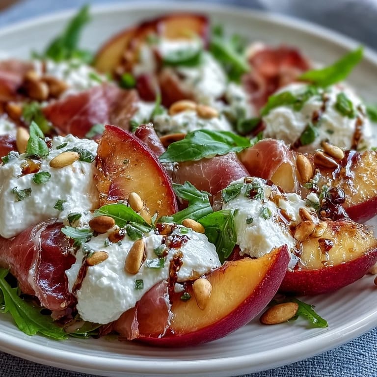 Creamy burrata and sweet peaches star in this easy Peach Burrata Prosciutto Salad.