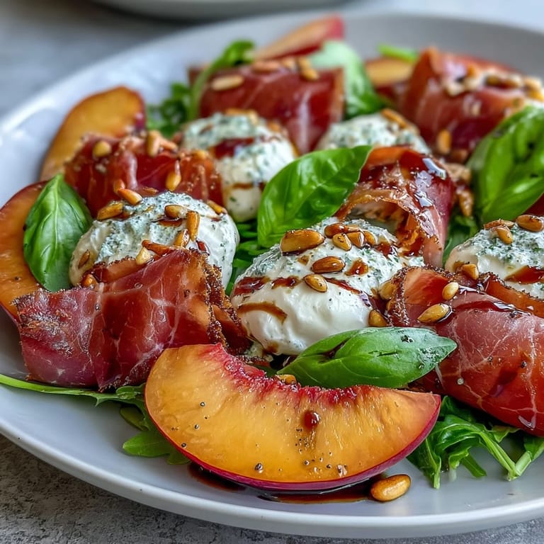 Savory prosciutto and fresh basil complement this beautiful Peach Burrata Prosciutto Salad.