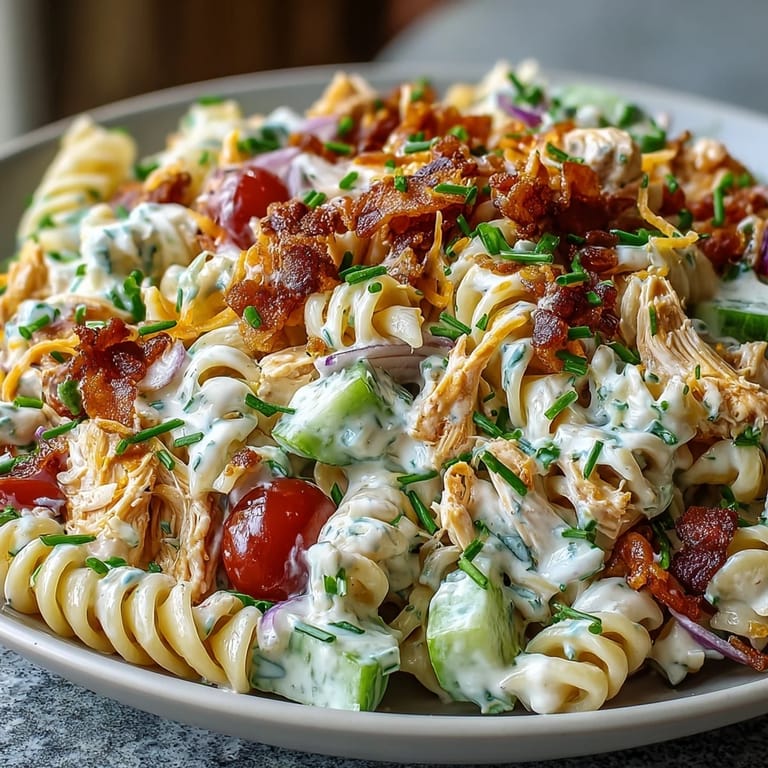 Tempting pasta salad with chicken, bacon, and creamy ranch, perfect for summer picnics.
